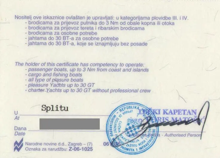Example of boat licence in croatian language